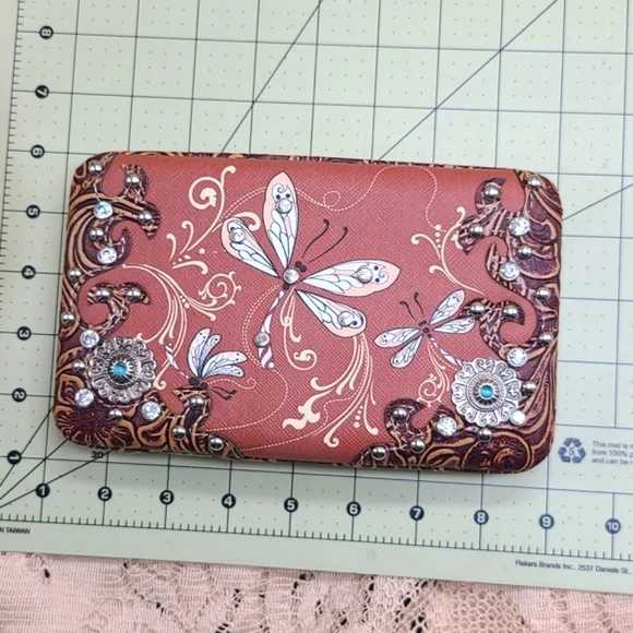NWOT Dragonfly Faux Leather Purse Wallet Rhinestones Western Tooling Crossbody - Picture 8 of 16